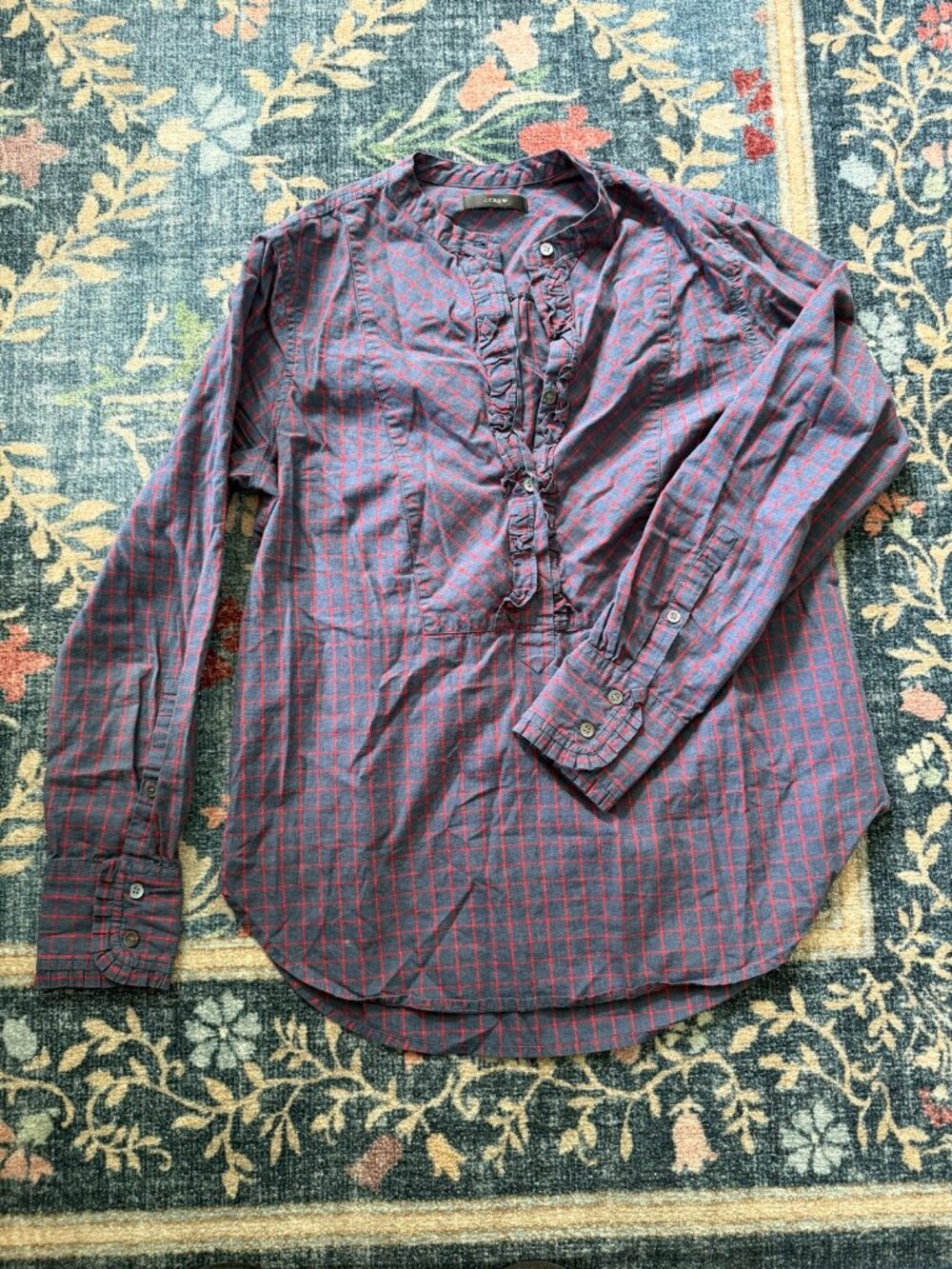 J. Crew Popover Blouse Band Collar Ruffle Placket Navy Red Windowpane Sz M